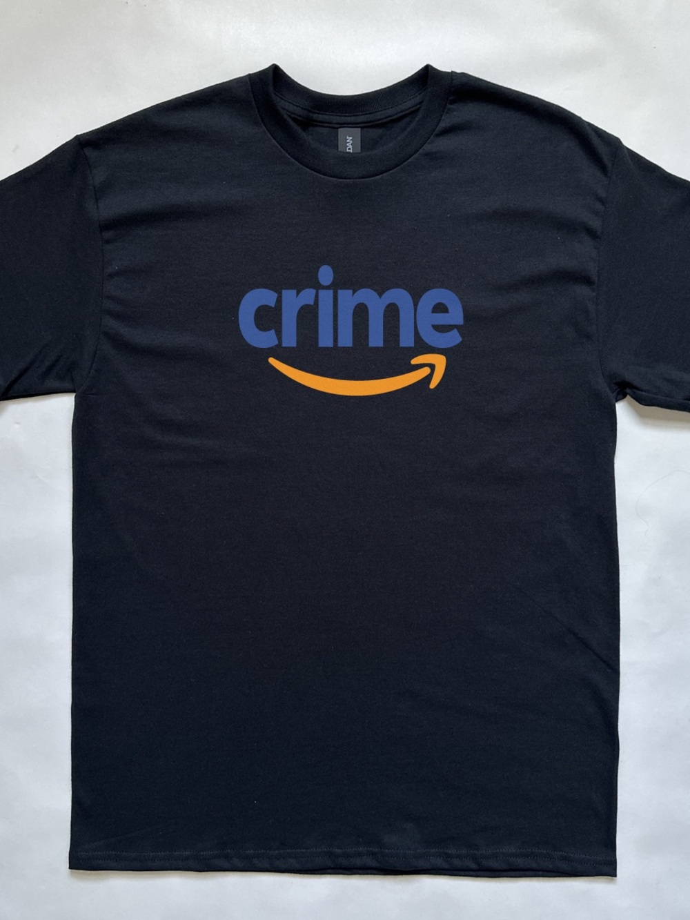 Crime Amazon prime logo funny humor graphic tshirt parody tee flip